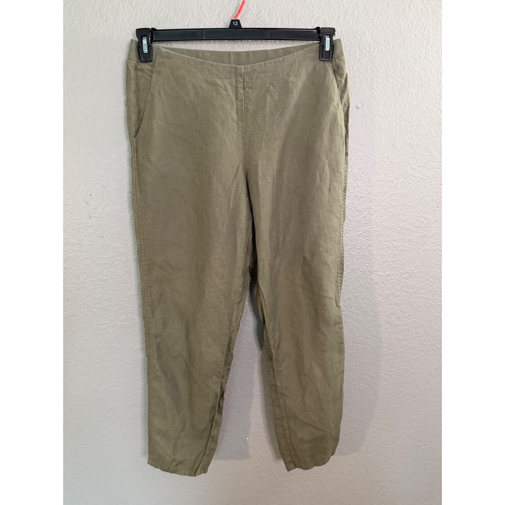 J. Jill Love Linen Pants Medium Olive Green Tapered Leg Crop Pockets Summer